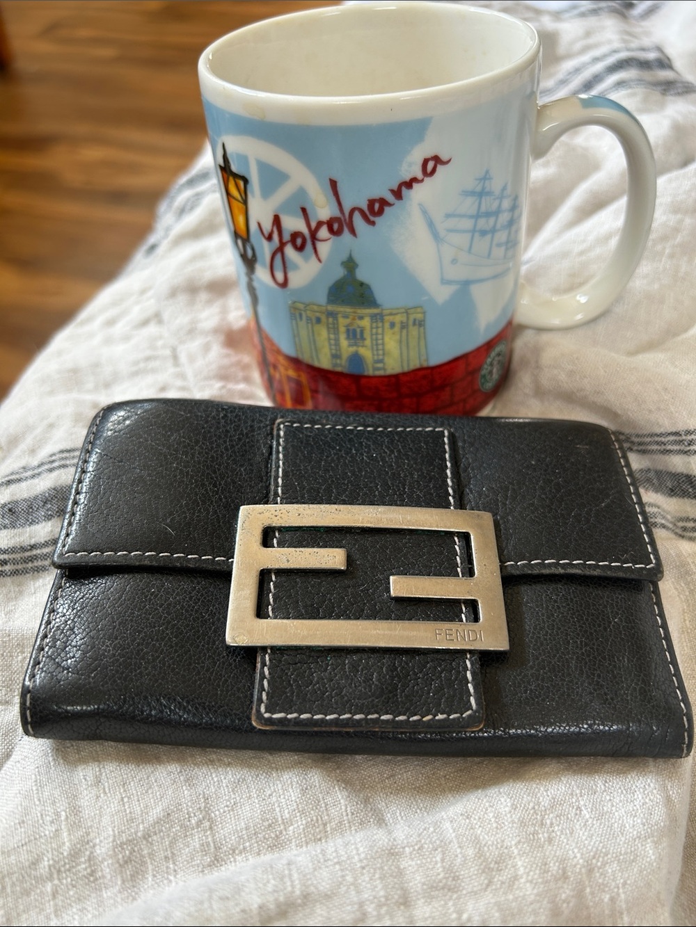 Vintage Fendi Black Leather Compact Wallet with Silver Double F Buckle